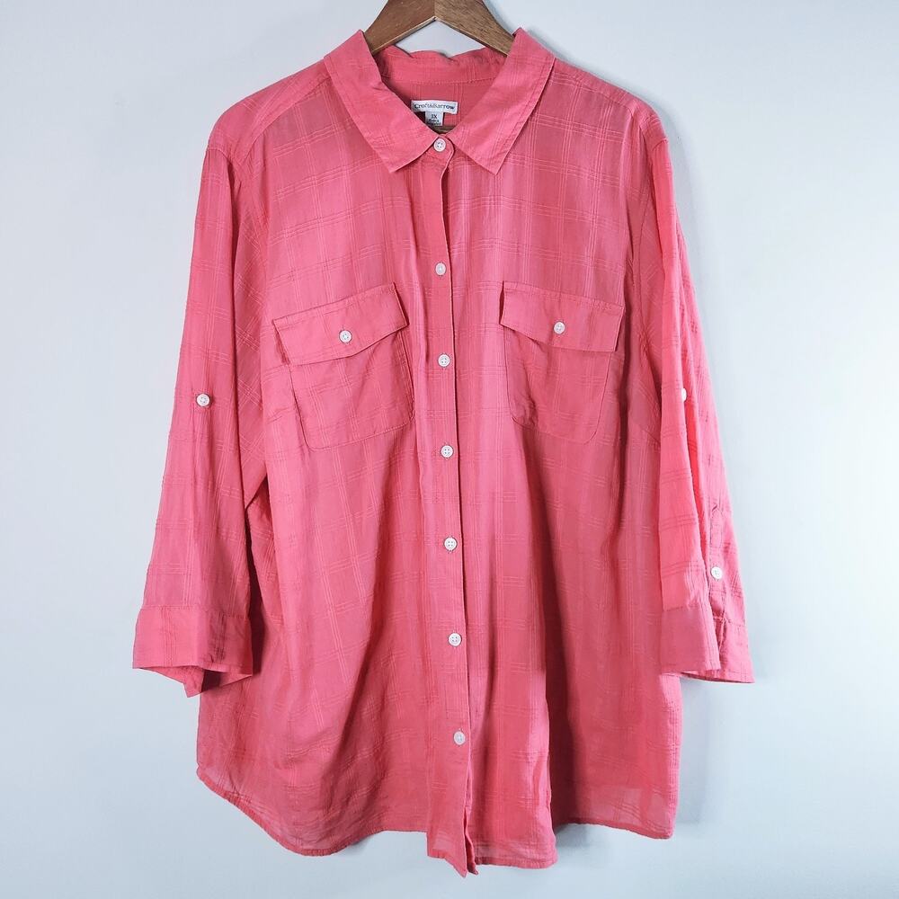 Croft & Barrow Womens Pink 3/4 Roll Tab Sleeve Button Up Blouse Size 3X Career